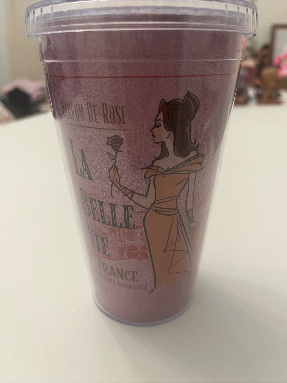La Belle Pink Glitter Tumbler with Rose Illustration